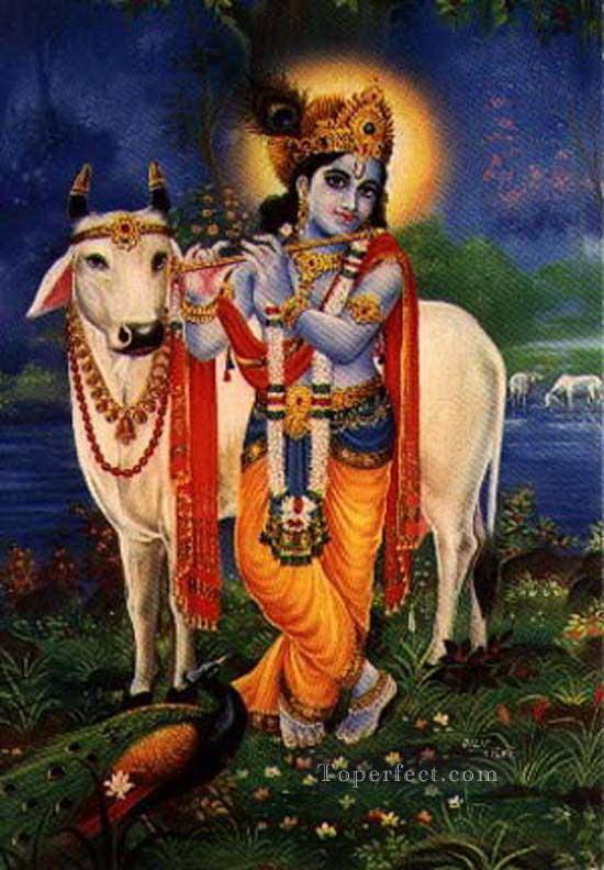 krishna and cow with peacock Hinduism Oil Paintings